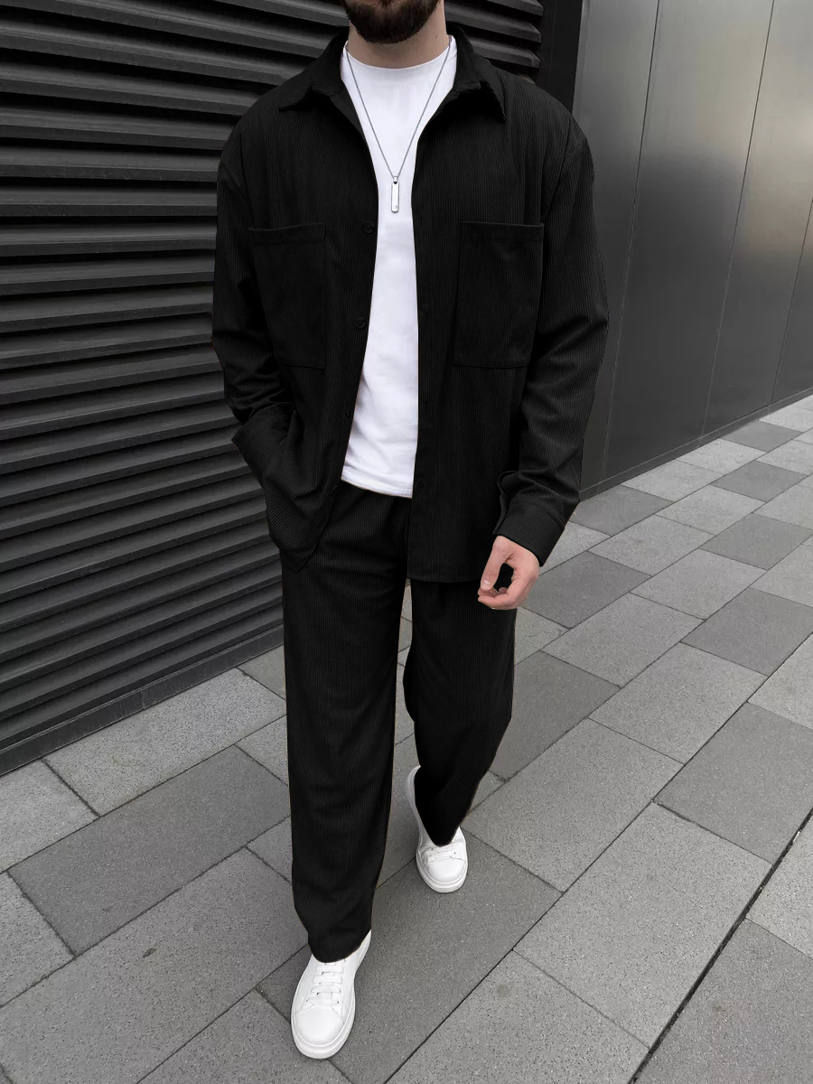 Street Fashion Men - Men's Corduroy Two-Piece Outfit: Long-Sleeved Button-Down